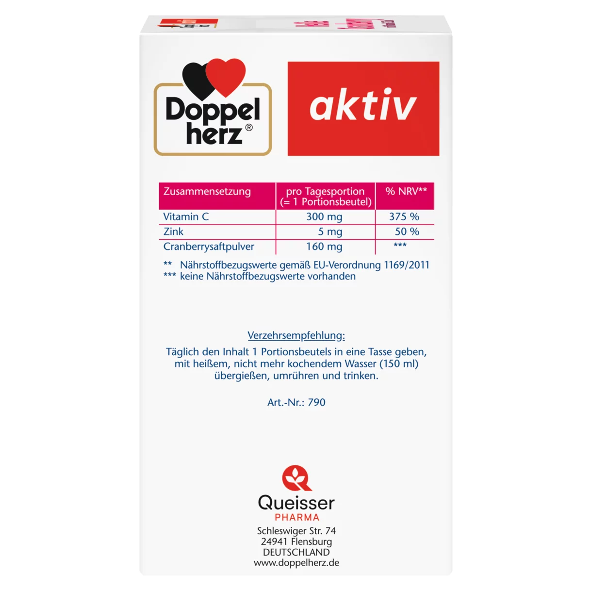 Abbildung der Produktverpackung Doppelherz aktiv Heiße Cranberry Seitenansicht links